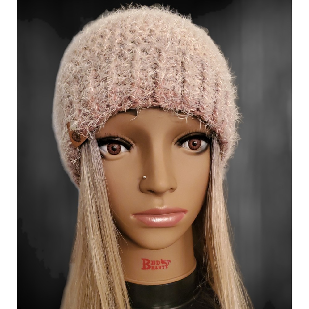 Neutral Fuzzy Crochet Beanie – Handmade‎ Cozy Winter Hat